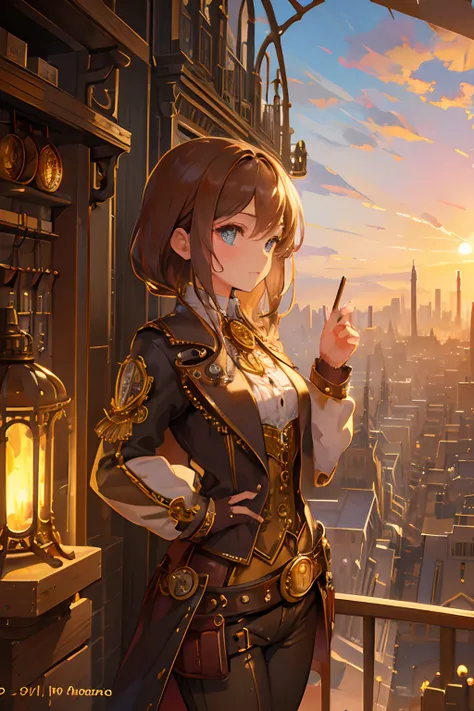 Create an illustration depicting a little girl overlooking a steampunk cityscape. The girl should be standing in a vantage point, Rooftops, bridges, etc., Look down on the intricately designed steampunk city below. The cityscape should be meticulous and de...