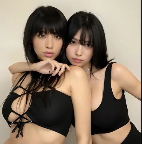 Dos mujeres en bikinis negros posando juntas para una foto, Ella tiene el pelo negro con flequillo, Hermoso retrato de Geminis Twins, beautiful gemini twins, posando juntos en sujetador, foto de perfil, Dos modelos en el marco, flequillo negro, inspirado p...