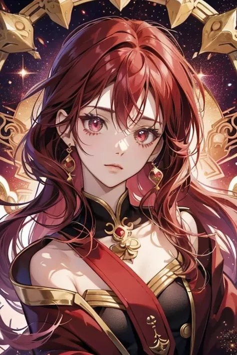 anime style; 3d; glitter; horoscope sign Aries goddess; color red; Ram details; ♈ symbol;  garnet stone;