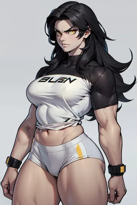 ((1girl)) pale skin large breasts (muscular) toned body thick thighs black hair yellow eyes (long hair grey background) bodybuilder angry tight shirt