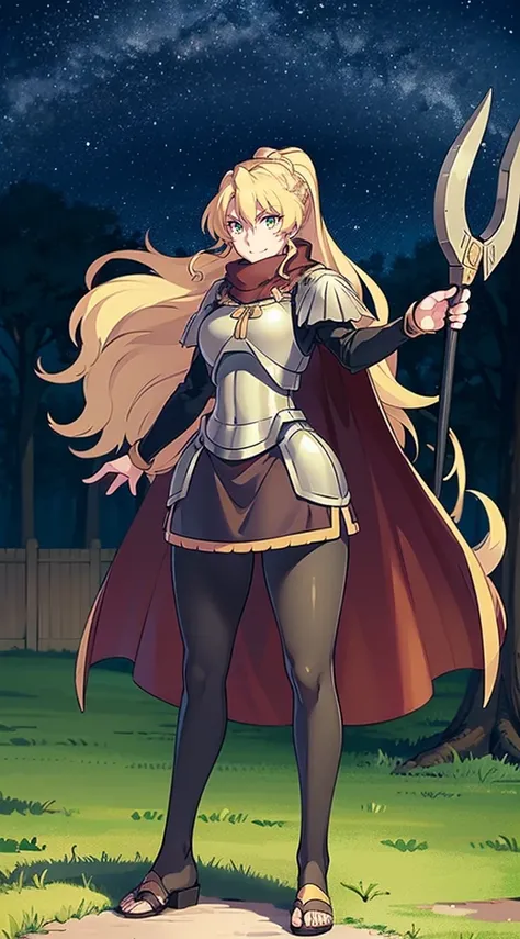 skirt vest, pantyhose, ponytail, long hair, blond hair, knight, medium breast,alicetaria february, green eyes,,smile, staff holding, cape, scarf, thick eyelashes,, castle background,fantasy,,standing, refsheet, solo focus, full body, flipflops,