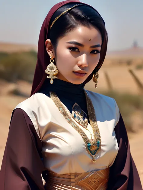 fking_scifi, fking_scifi_v2, portrait of a young, seductive, extremely beautiful and attractive javanese hijabi, in front of a city in the desert, rich colorful clothes and golden jewelry, close up, regal pose and attitude. fking_cinema_v2.