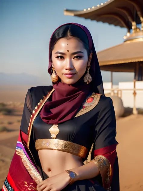 fking_scifi, fking_scifi_v2, portrait of a young, seductive, extremely beautiful and attractive javanese hijabi, in front of a city in the desert, rich colorful clothes and golden jewelry, close up, regal pose and attitude. fking_cinema_v2.