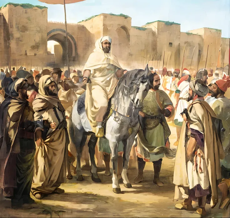 man on a horse in front of a crowd of people, orientalist painting, orientalism painting, by Bernard Meninsky, orientalist, Morrocco, orientalism, arabian art, historical painting,historical artistic depiction,