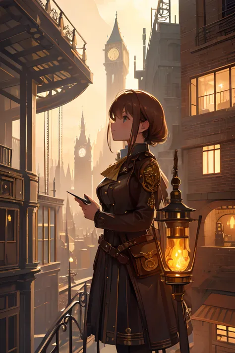 Create an illustration depicting a little girl overlooking a steampunk cityscape. The girl should be standing in a vantage point, Rooftops, bridges, etc., Look down on the intricately designed steampunk city below. The cityscape should be meticulous and de...