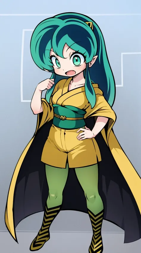 lum, , superhero costume, urusei yatsura, cloak, pants, pullover, kimono,martial pov,, pantyhose, sharpteeth, standing