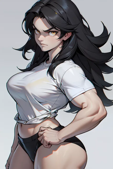 ((1girl)) pale skin large breasts (muscular) toned body thick thighs black hair yellow eyes (long hair grey background) bodybuilder angry tight shirt