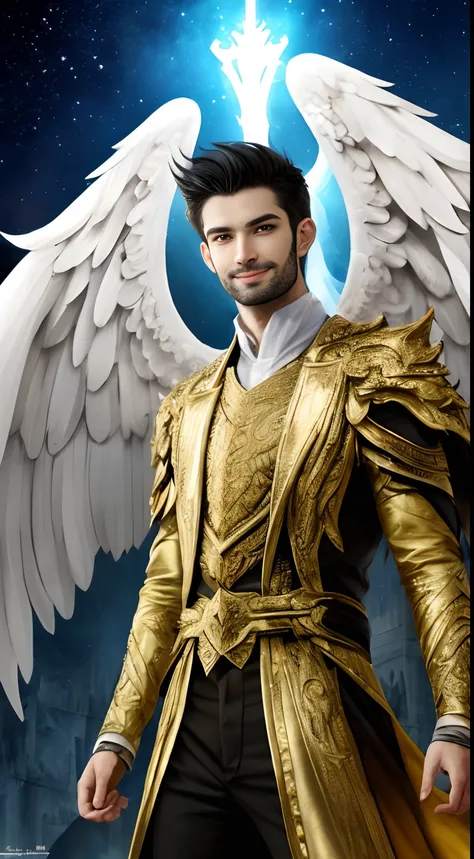 (8k, Best quality, Masterpiece:1.2), Lucifer Morningstar, Dark Haired British Male Male Angel, playful smile, ailes blanches, diable, Fallen Angel, Bright light in the background, specifics, costume sombre, Club Theme