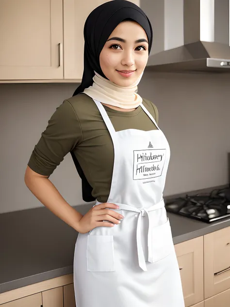 a closeup portrait of a playful hijabi maid, natural, apron, amazing body, pronounced feminine feature, kitchen, freckles, flirting with camera