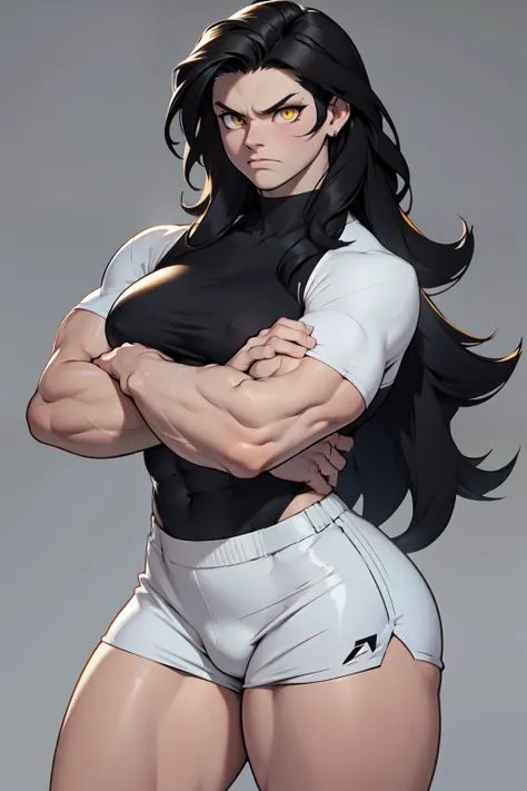 ((1girl)) pale skin large breasts (muscular) toned body thick thighs black hair yellow eyes (long hair grey background) bodybuilder angry tight shirt