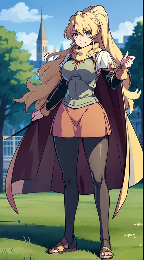 skirt vest, pantyhose, ponytail, long hair, blond hair, knight, medium breast,alicetaria february, green eyes,,smile, staff holding, cape, scarf, thick eyelashes,, castle background,fantasy,,standing, refsheet, solo focus, full body, flipflops,