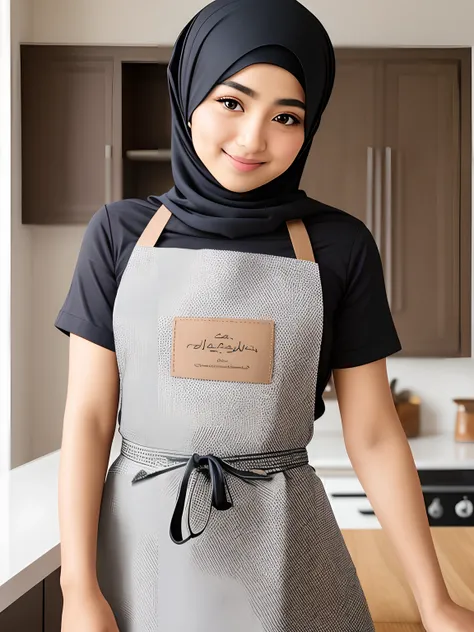 a closeup portrait of a playful hijabi maid, natural, apron, amazing body, pronounced feminine feature, kitchen, freckles, flirting with camera