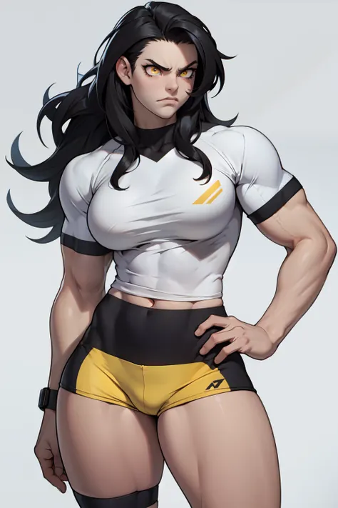 ((1girl)) pale skin large breasts (muscular) toned body thick thighs black hair yellow eyes (long hair grey background) bodybuilder angry tight shirt