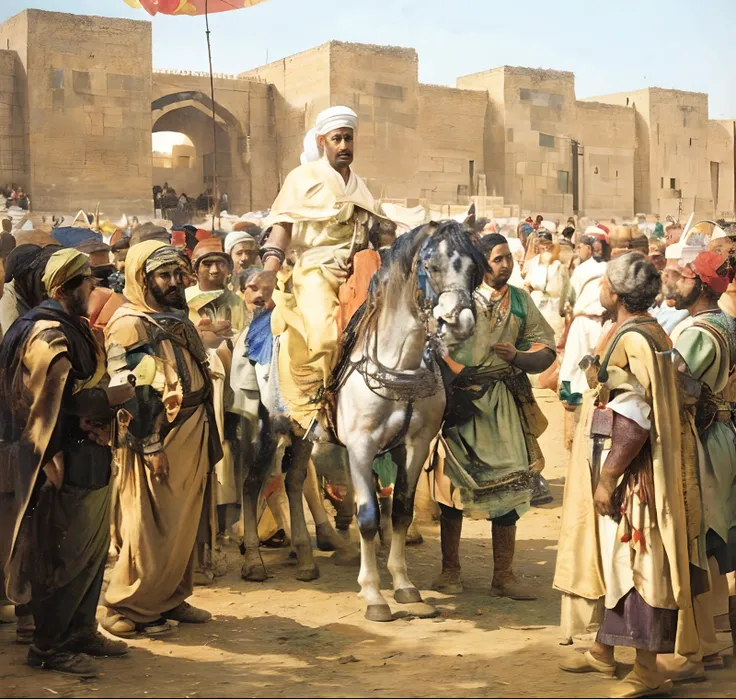 man on a horse in front of a crowd of people, orientalist painting, orientalism painting, by Bernard Meninsky, orientalist, Morrocco, orientalism, arabian art, historical painting,historical artistic depiction,