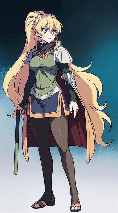 skirt vest, pantyhose, ponytail, long hair, blond hair, knight, medium breast,alicetaria february, green eyes,,, staff holding, cape, scarf, thick eyelashes,, castle background,fantasy,,standing, refsheet, solo focus, full body, flipflops,