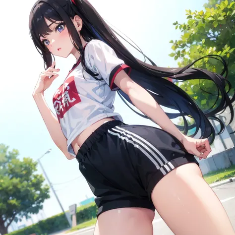 Burst milk burst milk、Anime girl with long black hair and white gym clothes and red bloomers, realistic anime 3 d style, Smooth Anime CG Art, Seductive Anime Girl, realistic anime art style, Anime Girl with Long Hair, realistic young anime girl, Ilya Kuvsh...