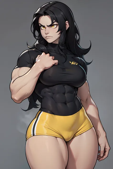 ((1girl)) pale skin large breasts (muscular) toned body thick thighs black hair yellow eyes (long hair grey background) bodybuilder angry tight shirt