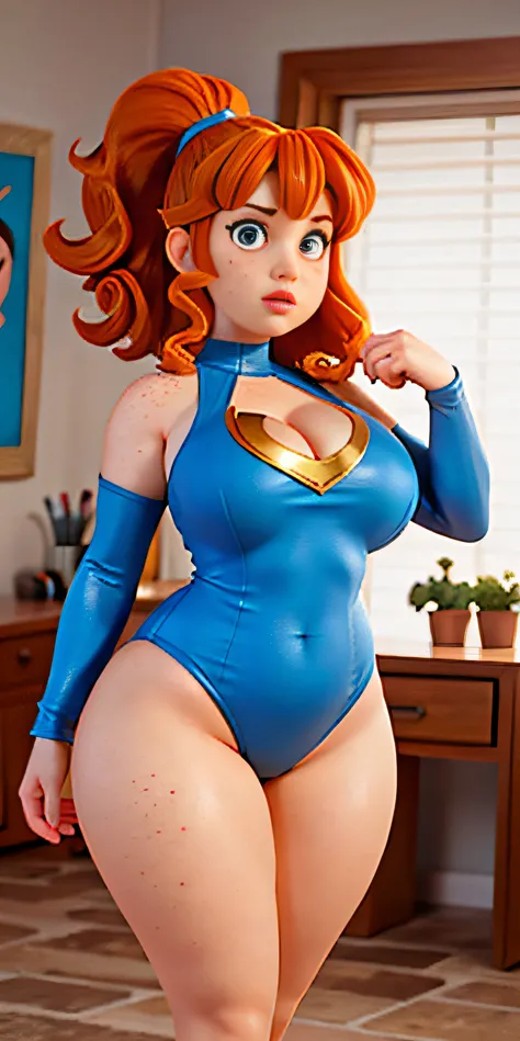 teen superheroine, blue low cut leotard, very short shorts, enormous plump round ass, slender body, smaller breasts, thick orange hair, swept bangs, ponytail, curly hair, cute face, slim face, high cheek bones, freckles, perfect face, perfect pupils, perfe...