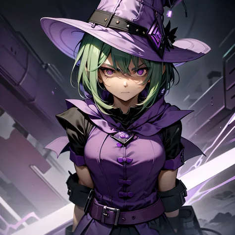 top-quality、extremely delicate and beautiful、(A teenage girl)、Purple Eye、Green hair、short-haired、(purple witch hat)、Purple tie、Tactical Vest、Soio、shortsleeves、Purple skirt、Purple Wizard Robe、Navel、is standing、Facing the front、Expression of hatred、Dark back...