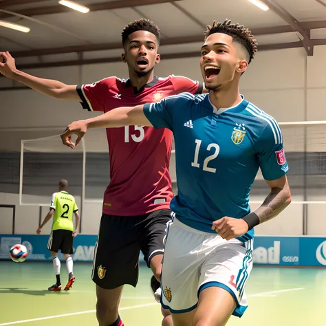 um menino moreno do cabelo liso, comemorando um gol no futsal com jesus no fundo