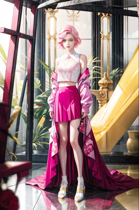 full body Esbian、Standing picture、One girl、​masterpiece、top-quality、Top image quality, short white and pink hair, technology clothes style, yellow and pink top, white and yellow and pink skirt,