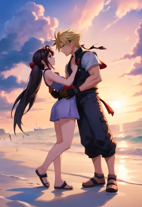 Cloud Strife and Tifa Lockhart on the Beach in Final Fantasy 7 Remake, Kissing on the beach, nffsw, masutepiece, ccurate, Anatomically correct, High quality, high details, Super Detail, Textured skin, Best Quality, hight resolution, 8K