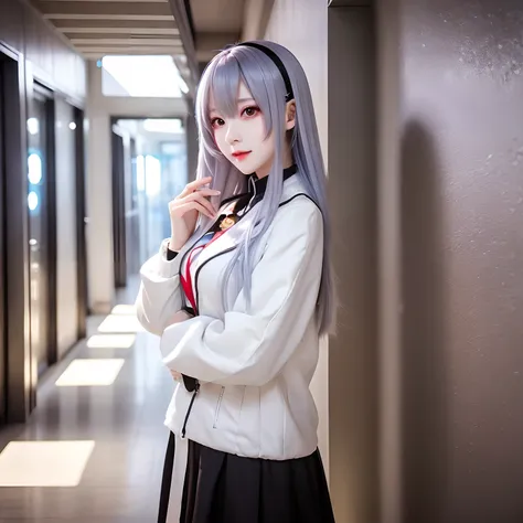 Anime girl with long hair and white coat standing in the hallway, girls frontline style, from girls frontline, from arknights, portrait anime space cadet girl, Cute anime girl, Anime visuals of cute girls, silver hair girl, an anime girl, Anime Mecha Aesth...