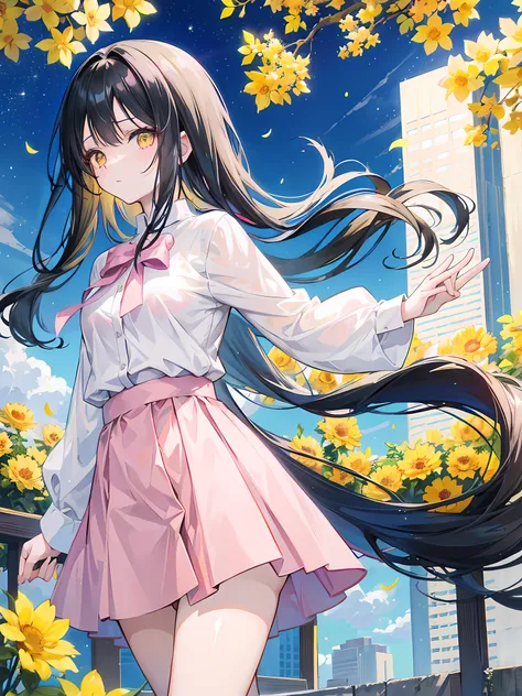 anime girl with long black hair and yellow eyes standing in front of a city, yellow flowers, anime visual of a cute girl, anime moe artstyle, beautiful anime girl, daytime ethereal anime, young anime girl, beautiful sky, pink jakect, white shirt, pink skir...