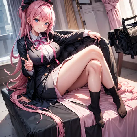 a beauty girl，schools，academy，girl，Ribbon on uniform，Black Blazer，Pink hair，a smile，Loose Socks，Excellent style，Long，Perfect beautiful girl，Shes an Angel，huge tit，​masterpiece，