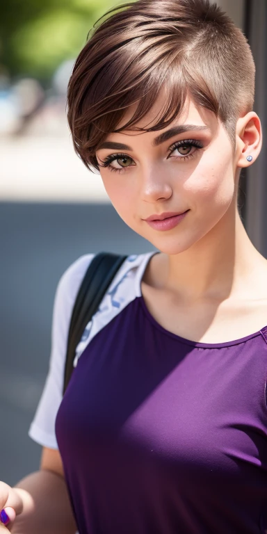 Photo of a 17-year-old European girl, .RAW, beautiful woman, pecas en mejillas y pecho ,hermosos  ojos azules ,lindos ojos azules , linda sonrisa (Light brown hair pixie haircut),corte de cabello pixie ((retrato)), ((Cara detallada:1.2)), ((Detailed facial...