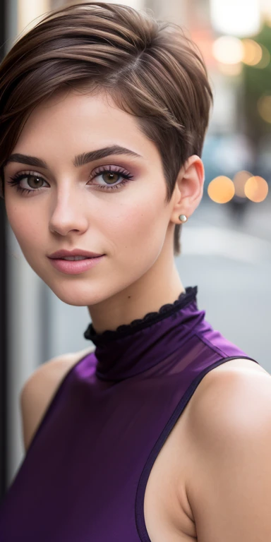 Photo of a 17-year-old European girl, .RAW, beautiful woman, pecas en mejillas y pecho ,hermosos  ojos azules ,lindos ojos azules , linda sonrisa (Light brown hair pixie haircut),corte de cabello pixie ((retrato)), ((Cara detallada:1.2)), ((Detailed facial...