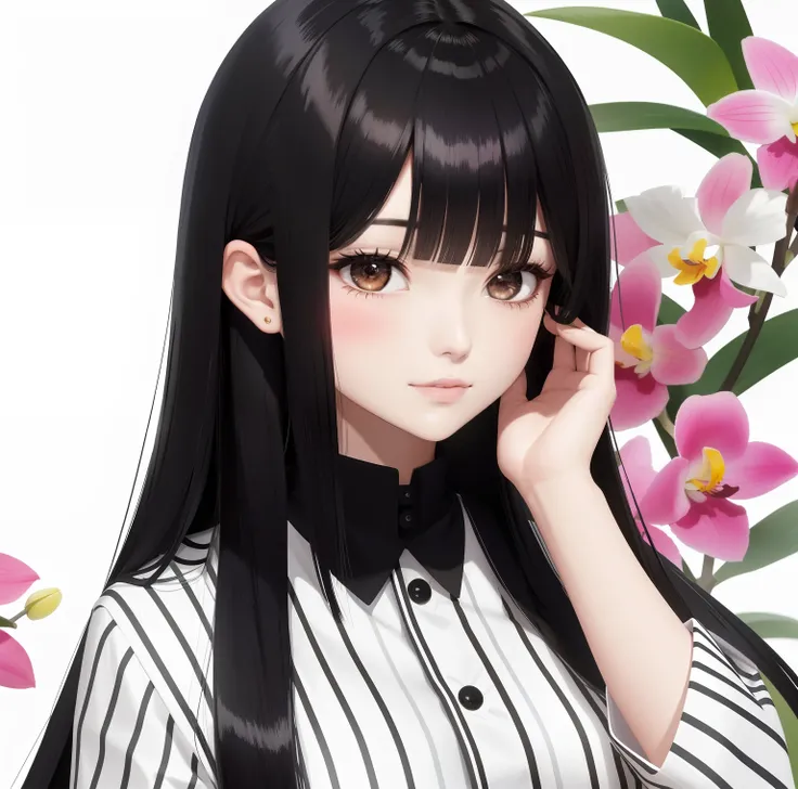 Menina anime com cabelo preto longo segurando uma flor, with an orchid in the, anime vibes, Estilo anime bonito, illustration Anime style, estilo anime 4K, estilo anime, menina anime sedutora, arte digital estilo anime, her face looks like an orchid