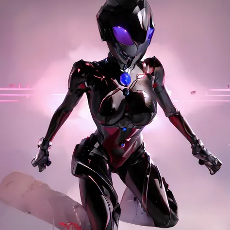 Ultraman Woman, （High quality）（The sheen）Covering her naked face with a black mask, Female Solo, Alien eyes shine。The whole body is covered with a black bodysuit, One female protagonist, Pink lines all over the body, Dark background,