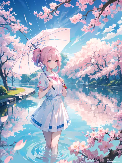 anime scene of a girl reflected on a pool with a pink umbrella, (1girl), white shirt, blue skirt, small breasts, sakura petals, rain, anime blue water, beautiful anime scene, beautiful anime artwork, ultrasharp, masterpiece, high res, 8k