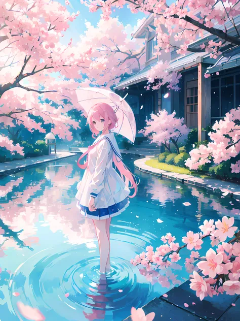 anime scene of a girl reflected on a pool with a pink umbrella, (1girl), white shirt, blue skirt, small breasts, sakura petals, rain, anime blue water, beautiful anime scene, beautiful anime artwork, ultrasharp, masterpiece, high res, 8k