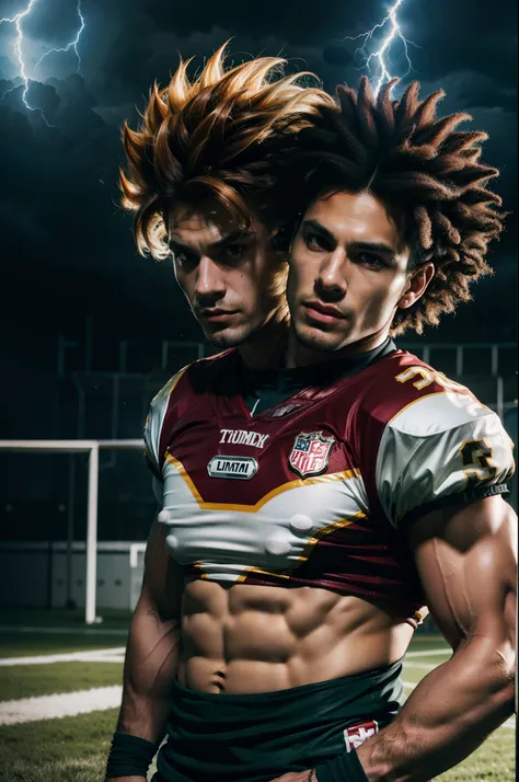 (((2heads))),Generate an image of a, male, American football player who resembles a Super Saiyan version of Goku from Dragon Ball Z. The football players body should be muscular and powerful, with maroon-colored football attire that features the number 69 ...