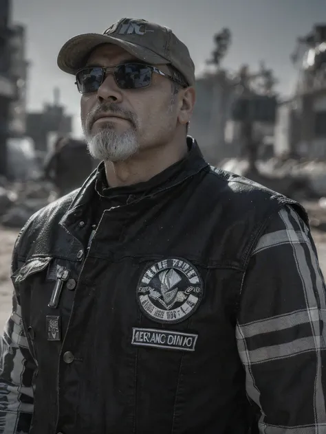 A Wasteland Punk is in the middle of the Wasteland (((retrato de um, um closeup))), Engulfed by dust turbulence. The camera zooms in on a man, captando a intensidade em seus olhos, quando olha ao longe. Os detalhes de suas roupas desgastadas e armaduras im...