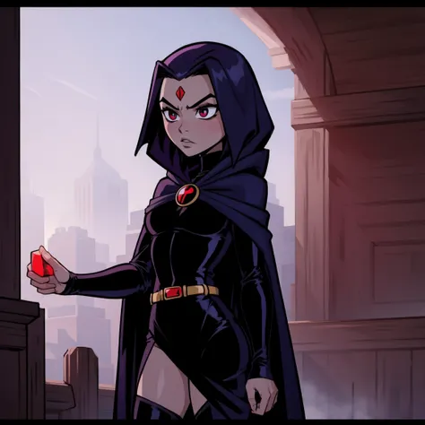 Raven, teen titans, hooded, goth girl, red jewel on forehead, full costume, standing in dark background