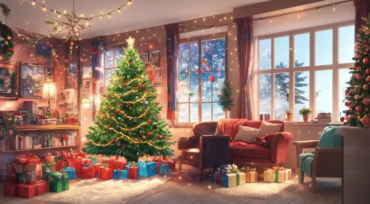 high quality, lively room with christmas tree full of decorations, gift boxes beneath the tree, christmas lights, by the window,