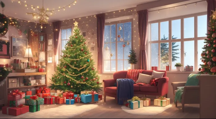 high quality, lively room with christmas tree full of decorations, gift boxes beneath the tree, christmas lights, by the window,