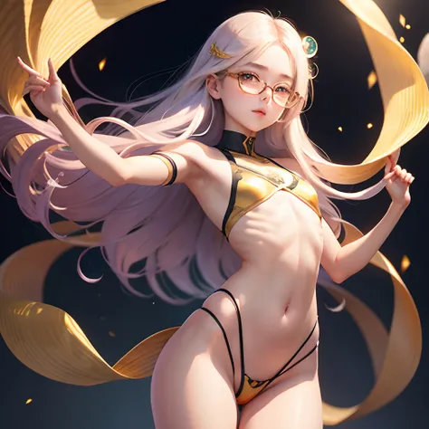 Transparent hair、Golden Eyes、eye glasses、Daughter in her early teens、flat chest、Thin pubic hair、Beautiful open legs、Cheer Dance