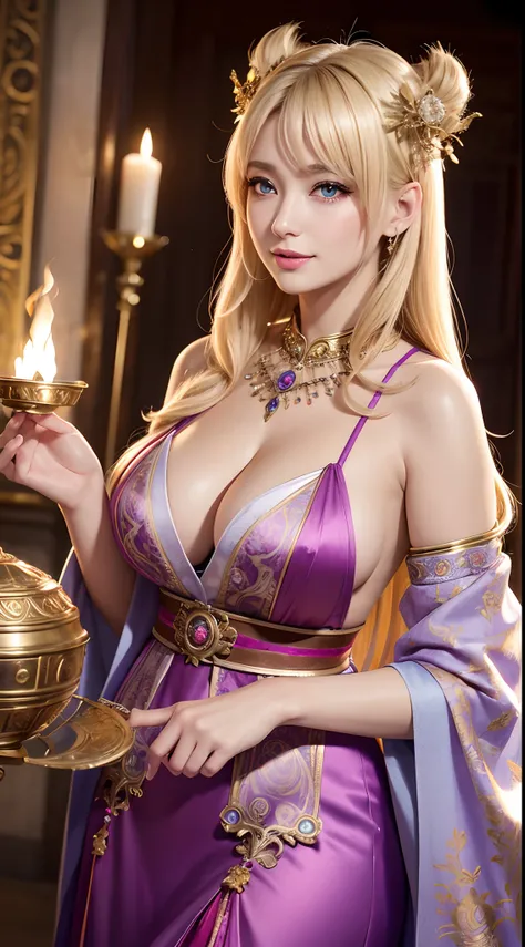 (hyper realstic)、Ancient priestess、Ancient female shamans、
immensity　Beautie　high-level image quality　hight resolution　Realistic　Shorthair　a blond、　blond woman in a、A MILF、Middle-aged woman、((Big big))、detailed skin textures、超A high resolution、Realistic、Vo...