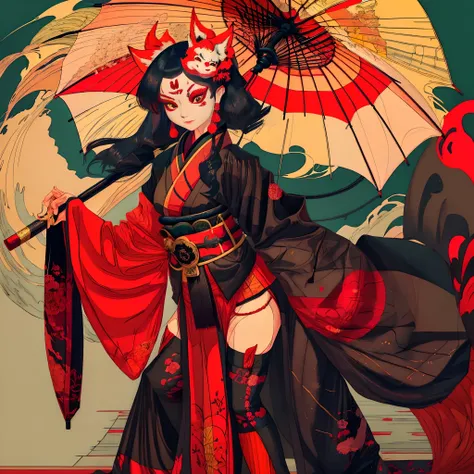 Kitsune woman with black hair wearing a long kimono and carrying an umbrella wearing a kitsune mask with red makeup