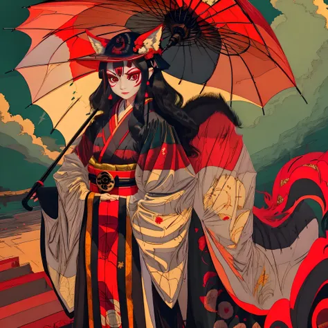 Kitsune woman with black hair wearing a long kimono and carrying an umbrella wearing a kitsune mask with red makeup