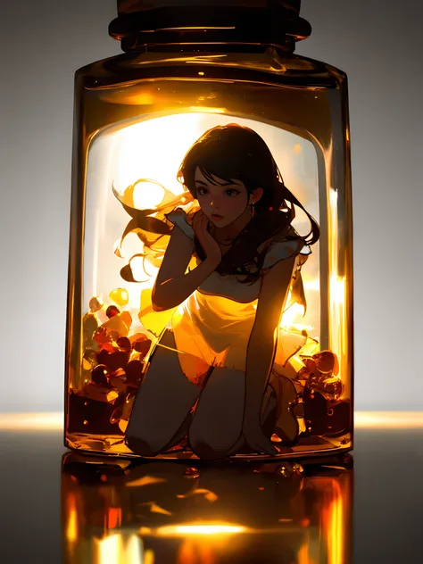 Girl kneeling in a glass bottle、 Super realistic, Hyper Detailed, Dramatic Lighting, 4K