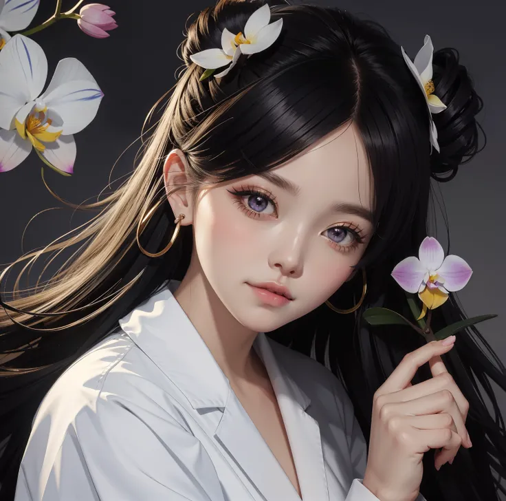 Menina anime com cabelo preto longo segurando uma flor, With orchid in hand, orchid, Holding an orchid, with an orchid in the, anime vibes, Estilo anime bonito, illustration Anime style, estilo anime 4K, estilo anime, menina anime sedutora, arte digital es...