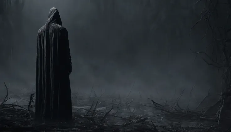 Create a frighteningly detailed and realistic depiction of the hooded figure of Death. The scene is expected to feature a black silhouette with a skull on a face and a skeletal hand holding a menacing sickle. Esta figura sinistra deve ter como pano de fund...