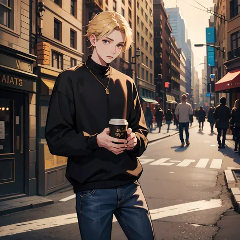 Young guy with blond hair, brown eye, laughting, Black Pullover, blue jeans, ha in the background of the city