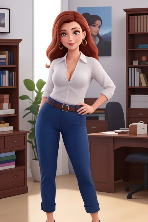 Uma mulher magra de 38 anos, com longos cabelos castanhos escuro. Rosto oval, brincos,  sorriso encantador, e olhos castanhos, Standing in front of illuminated office desk, prateleiras com livros no fundo. Goddess of justice on the shelf. Shes wearing cami...