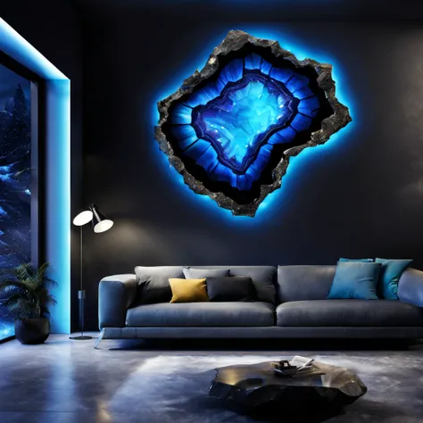 Blackreach Geode, Iridescent, deep in a realm of black and neon blue, In Wall Decal art style, best quality, masterpiece